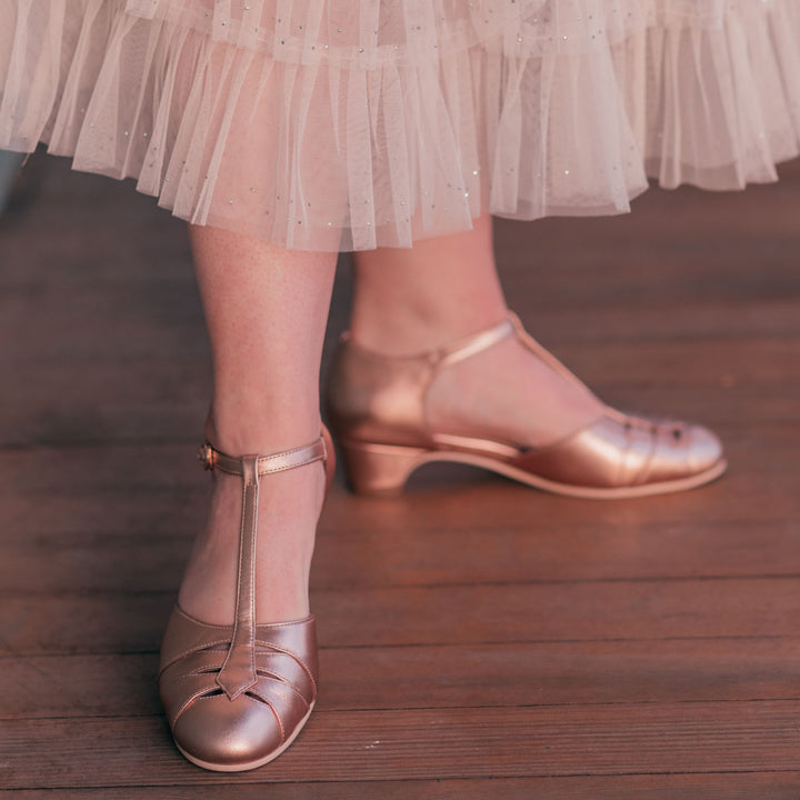 Charlie Stone Shoes vintage 1920s 1930s inspired leather heels with small comfortable heel rose gold for retro wedding style bridal bridesmaid shoes 