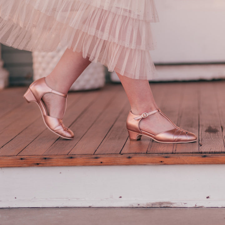 Charlie Stone Shoes vintage 1920s 1930s inspired leather heels with small comfortable heel rose gold for retro wedding style bridal bridesmaid shoes 