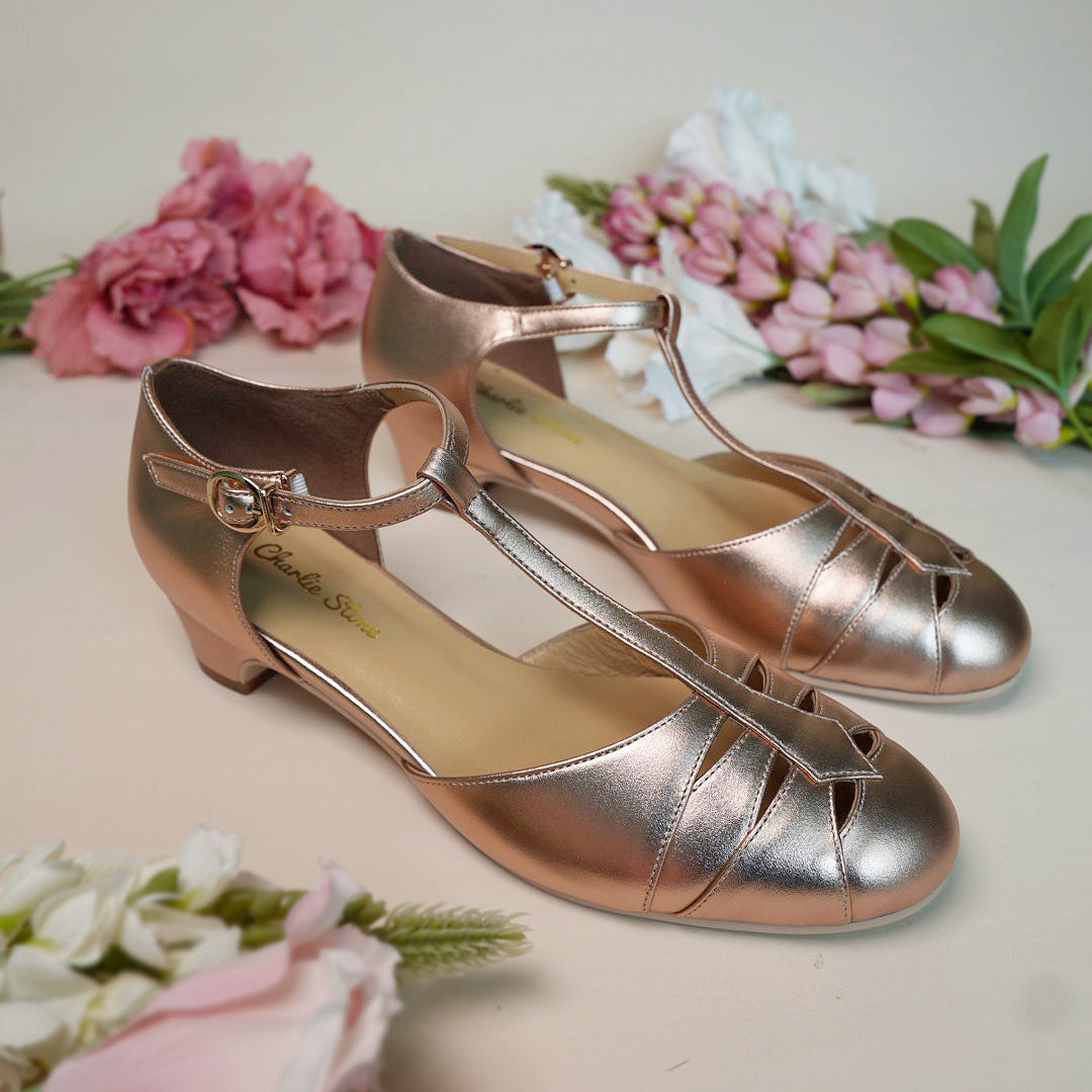 Charlie Stone Shoes vintage 1920s 1930s inspired leather heels with small comfortable heel rose gold for retro wedding style