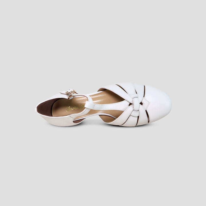 Charlie Stone Shoes vintage 1920s 1930s inspired leather heels with small comfortable heel bridal white for retro wedding style bridesmaid bride shoes
