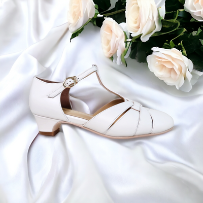 Charlie Stone Shoes vintage 1920s 1930s inspired leather heels with small comfortable heel bridal white for retro wedding style