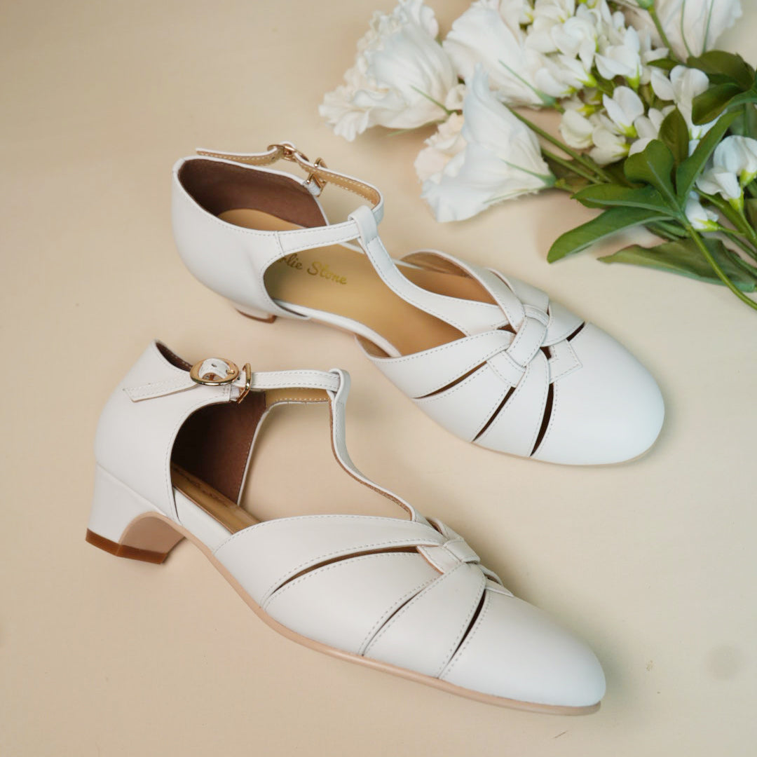 Charlie Stone Shoes vintage 1920s 1930s inspired leather heels with small comfortable heel bridal white for retro wedding style