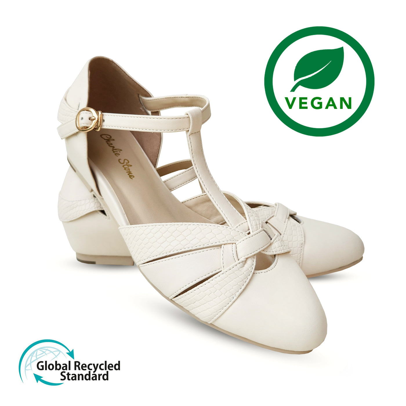 Charlie Stone Shoes vintage inspired ladies flat shoes made with GRS certified recycled materials vegan friendly light chantilly cream with T bar strap 1930's 1940's elegance