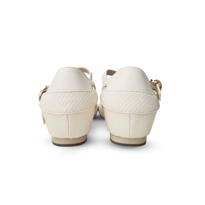 Charlie Stone Shoes vintage inspired ladies flat shoes made with GRS certified recycled materials vegan friendly light chantilly cream with T bar strap 1930's 1940's elegance