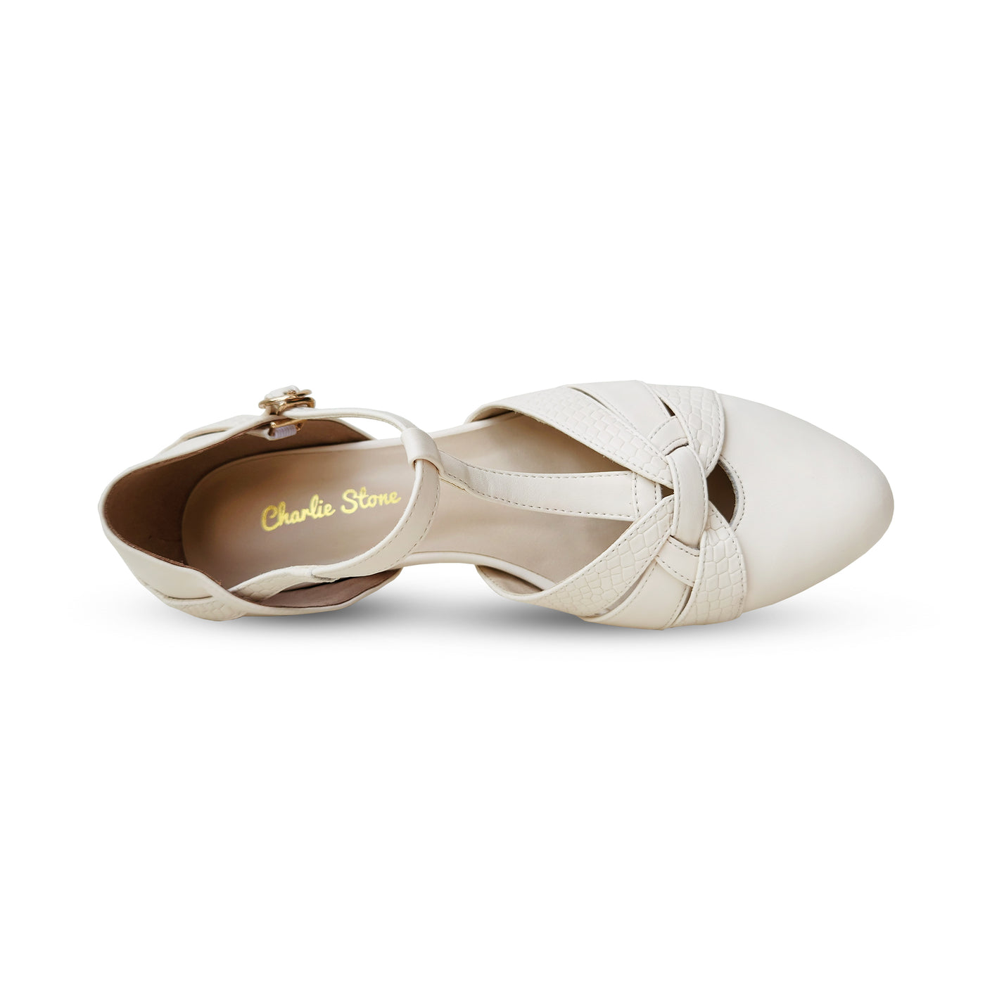 Charlie Stone Shoes vintage inspired ladies flat shoes made with GRS certified recycled materials vegan friendly light chantilly cream with T bar strap 1930's 1940's elegance