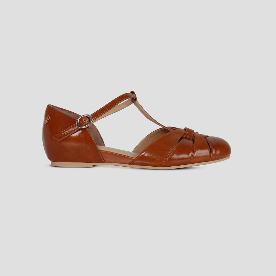 Charlie Stone Shoes women's vintage flats tan brown shined oiled leather dress shoes with hidden wedge to alleviate heel pain Montpellier Oak