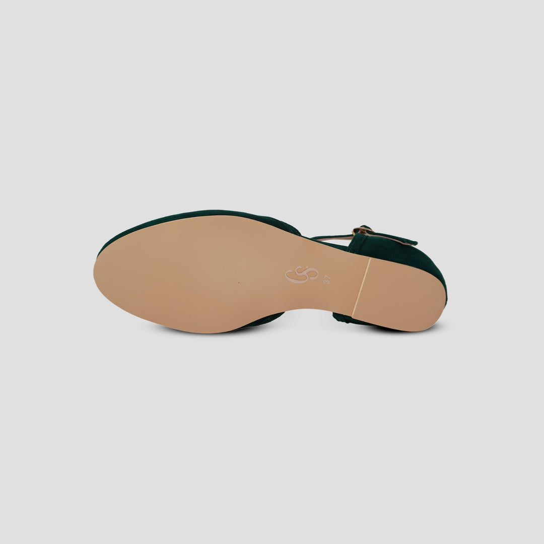 Charlie Stone Shoes vintage inspired 1920-50's dark academia aesthetic women's flats Serpente dark green forest with hidden wedge suede leather