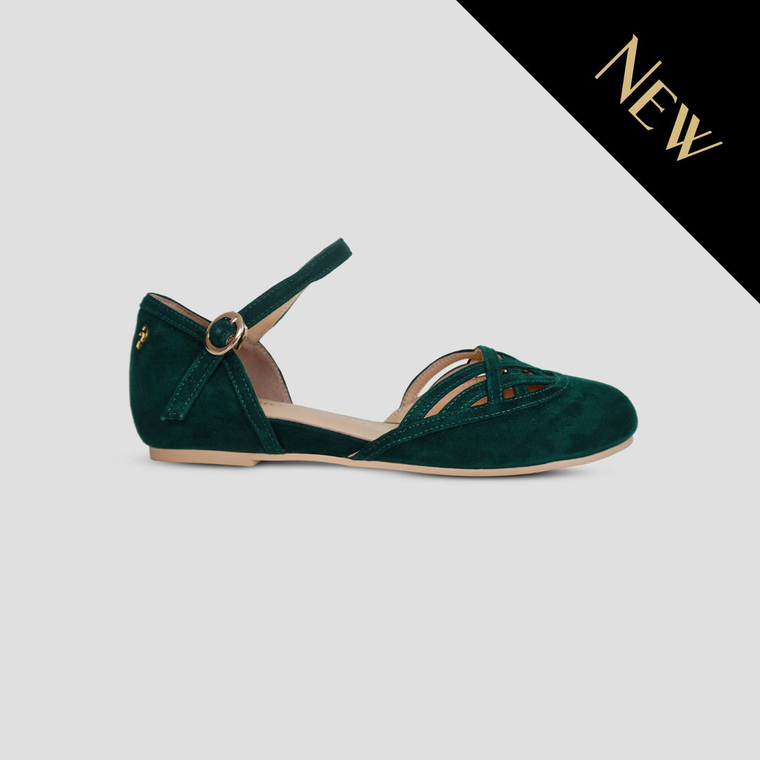 Charlie Stone Shoes vintage inspired 1920-50's dark academia aesthetic women's flats Serpente dark green forest with hidden wedge suede leather
