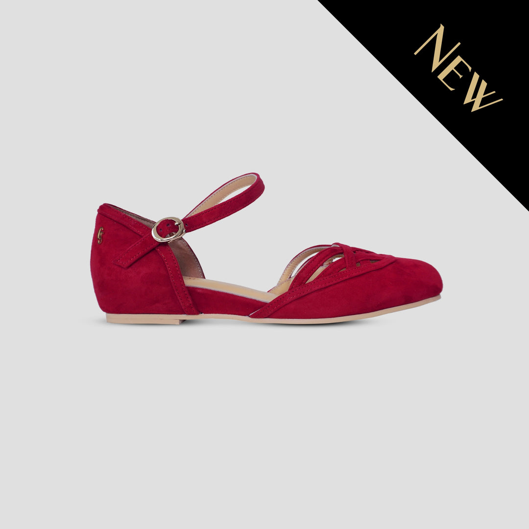 Charlie Stone Shoes vintage inspired 1920-50's dark academia aesthetic women's flats Serpente Scarlet Red with hidden wedge suede leather