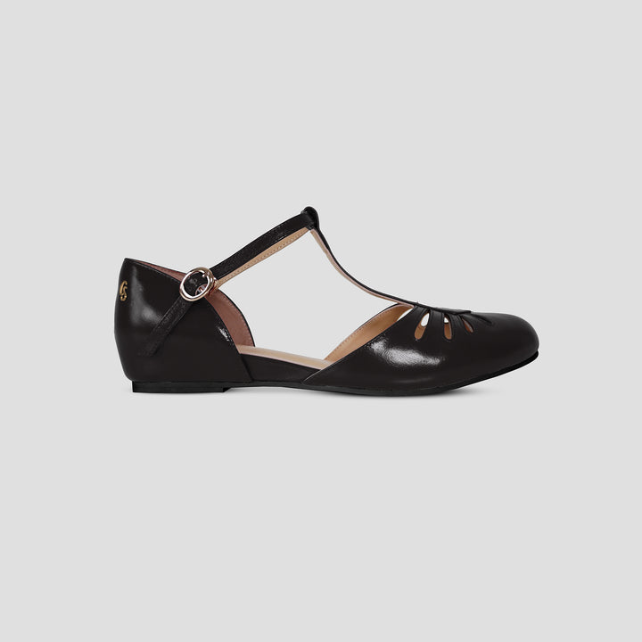 Charlie Stone Shoes women's vintage flats black shined oiled leather dress shoes with hidden wedge to alleviate heel pain