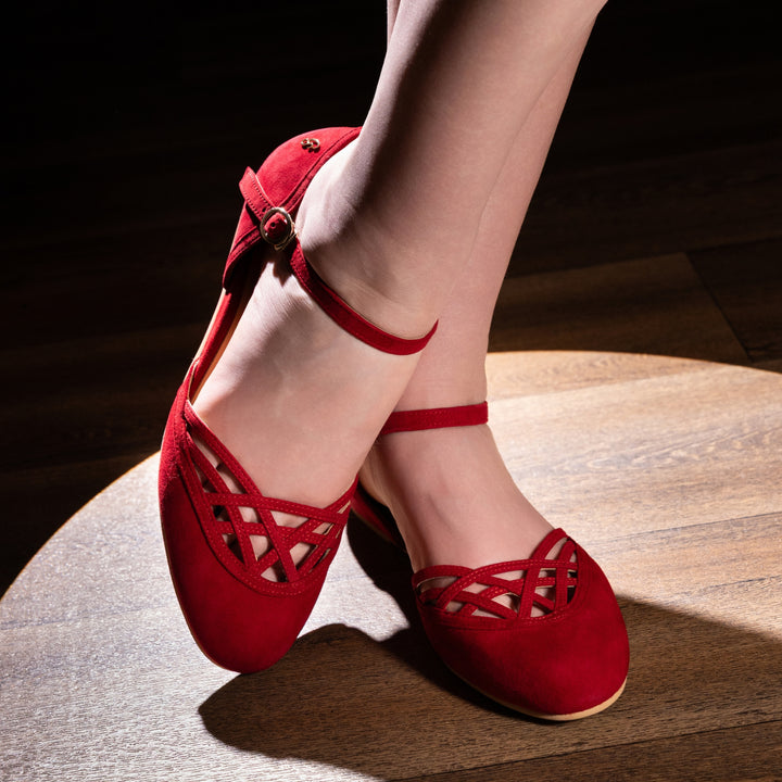 Charlie Stone Shoes vintage inspired 1920-50's dark academia aesthetic women's flats Serpente Scarlet Red with hidden wedge suede leather