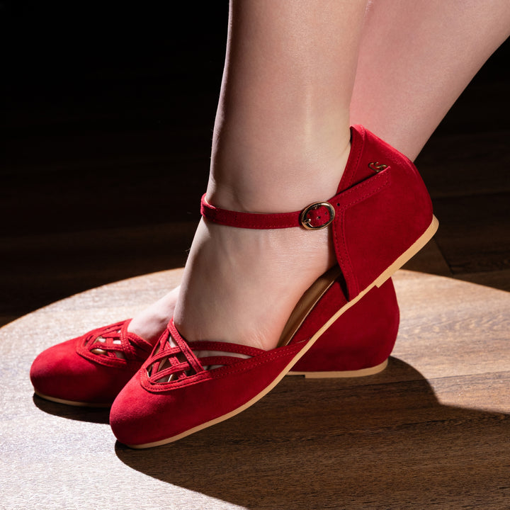 Charlie Stone Shoes vintage inspired 1920-50's dark academia aesthetic women's flats Serpente Scarlet Red with hidden wedge suede leather