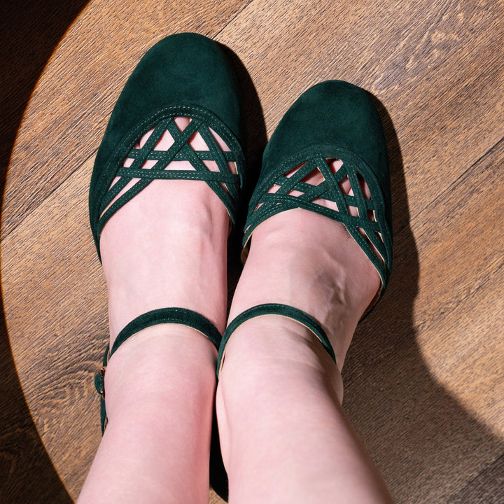 Charlie Stone Shoes vintage inspired 1920-50's dark academia aesthetic women's flats Serpente dark green forest with hidden wedge suede leather