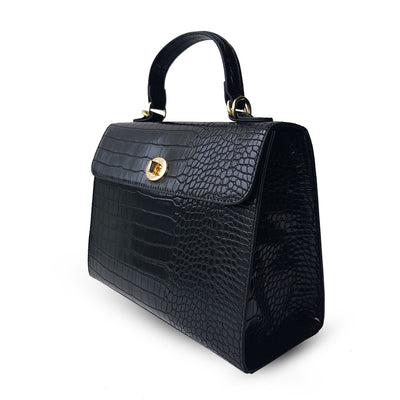 Charlie Stone Vintage Inspired Handbag Retro 1940’s 1950’s Style Noir black Croc Vegan leather