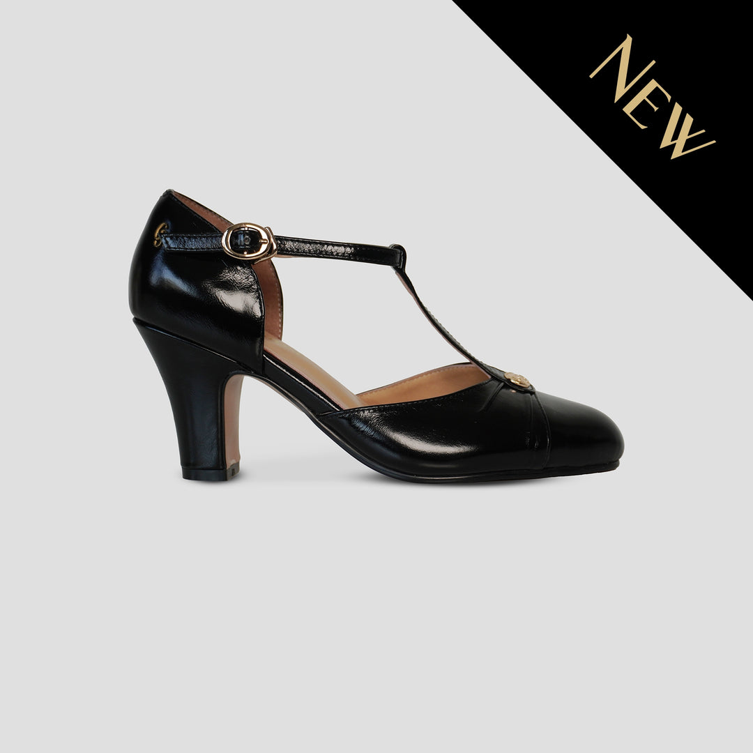 Charlie Stone Shoes women's vintage inspired classic italian style T bar heel stiletto black leather ladies shoes