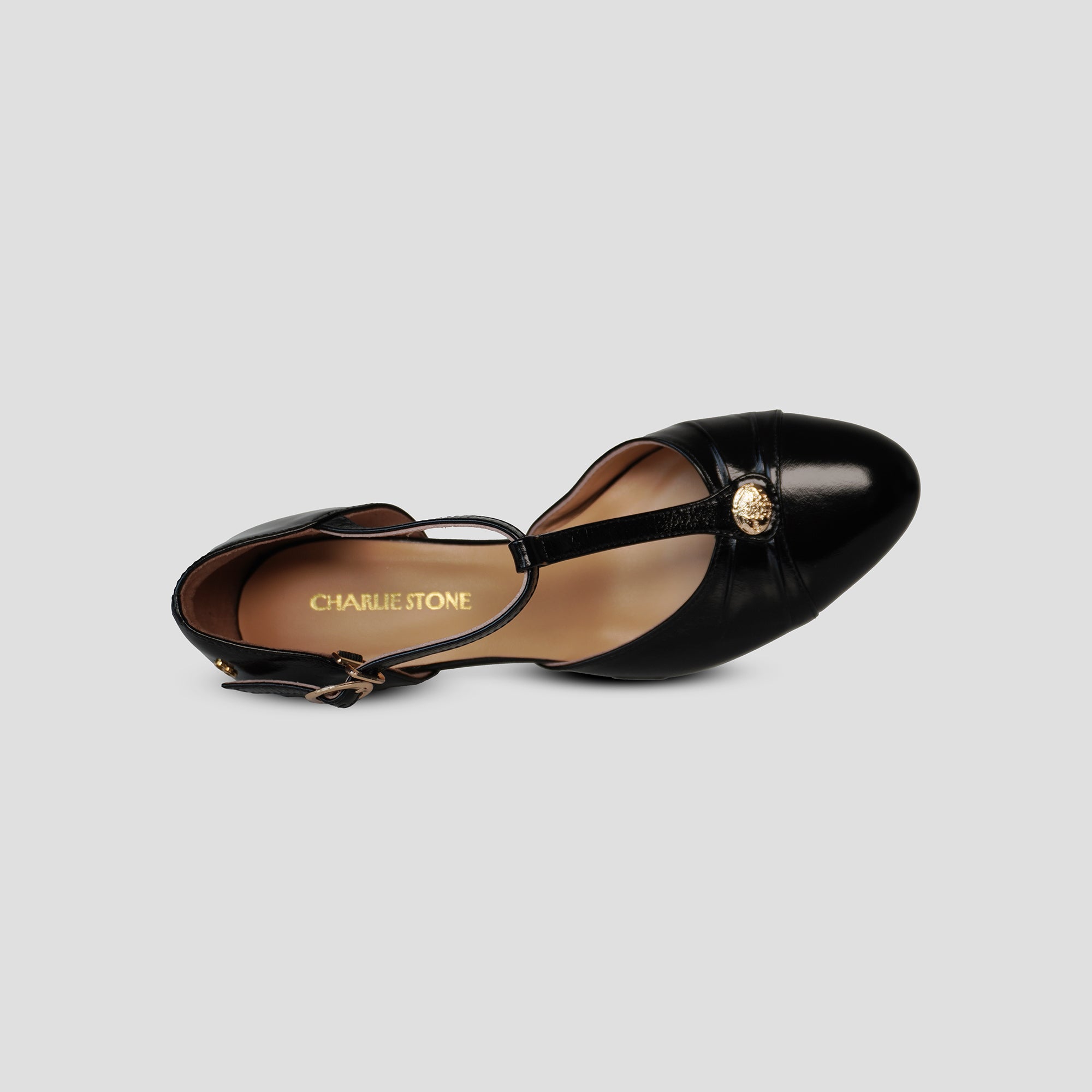 Vicenza Black Leather T-Bar Mary Jane Heels | Charlie Stone