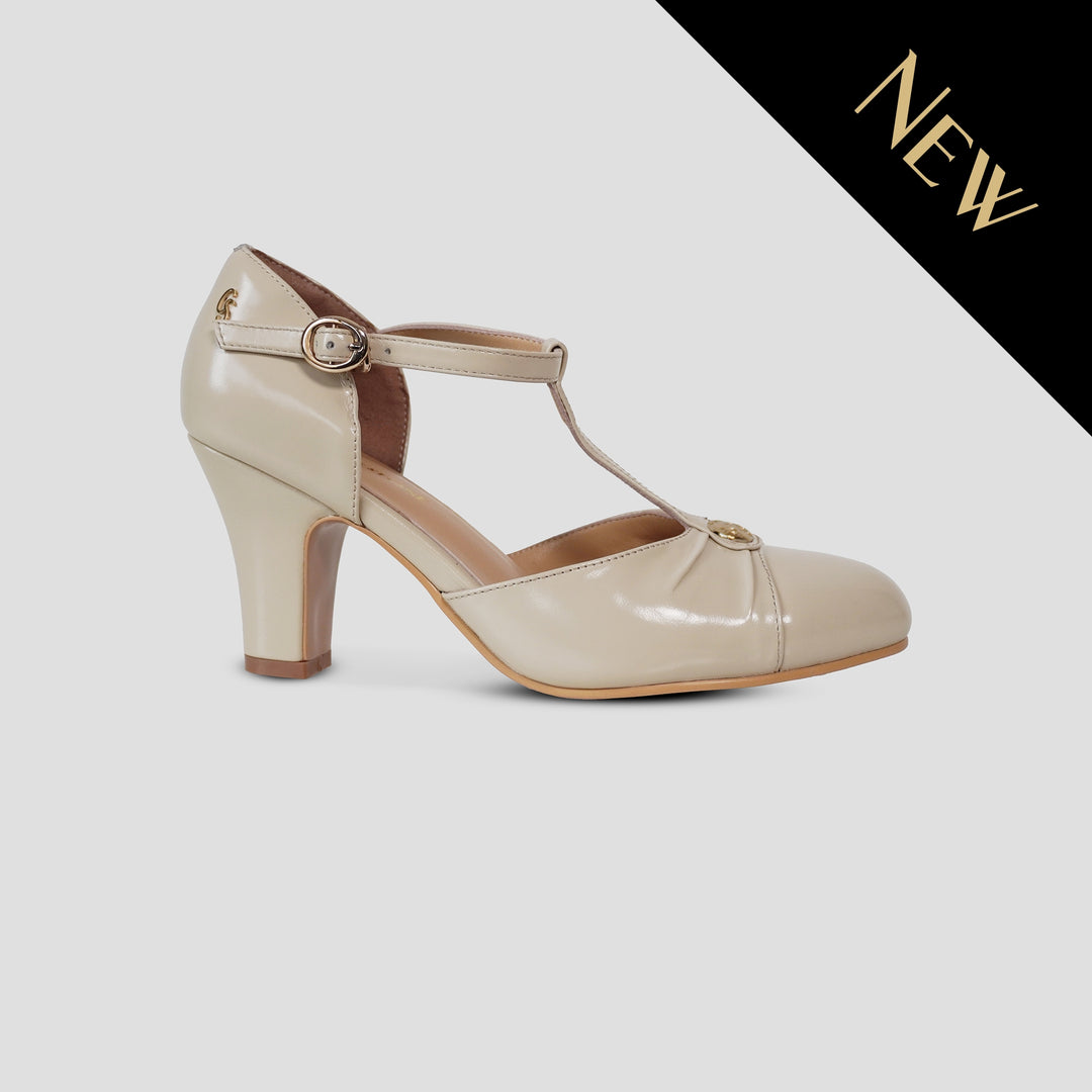 Charlie Stone Shoes women's vintage inspired classic italian style T bar heel stiletto bone cream neutral leather ladies shoes