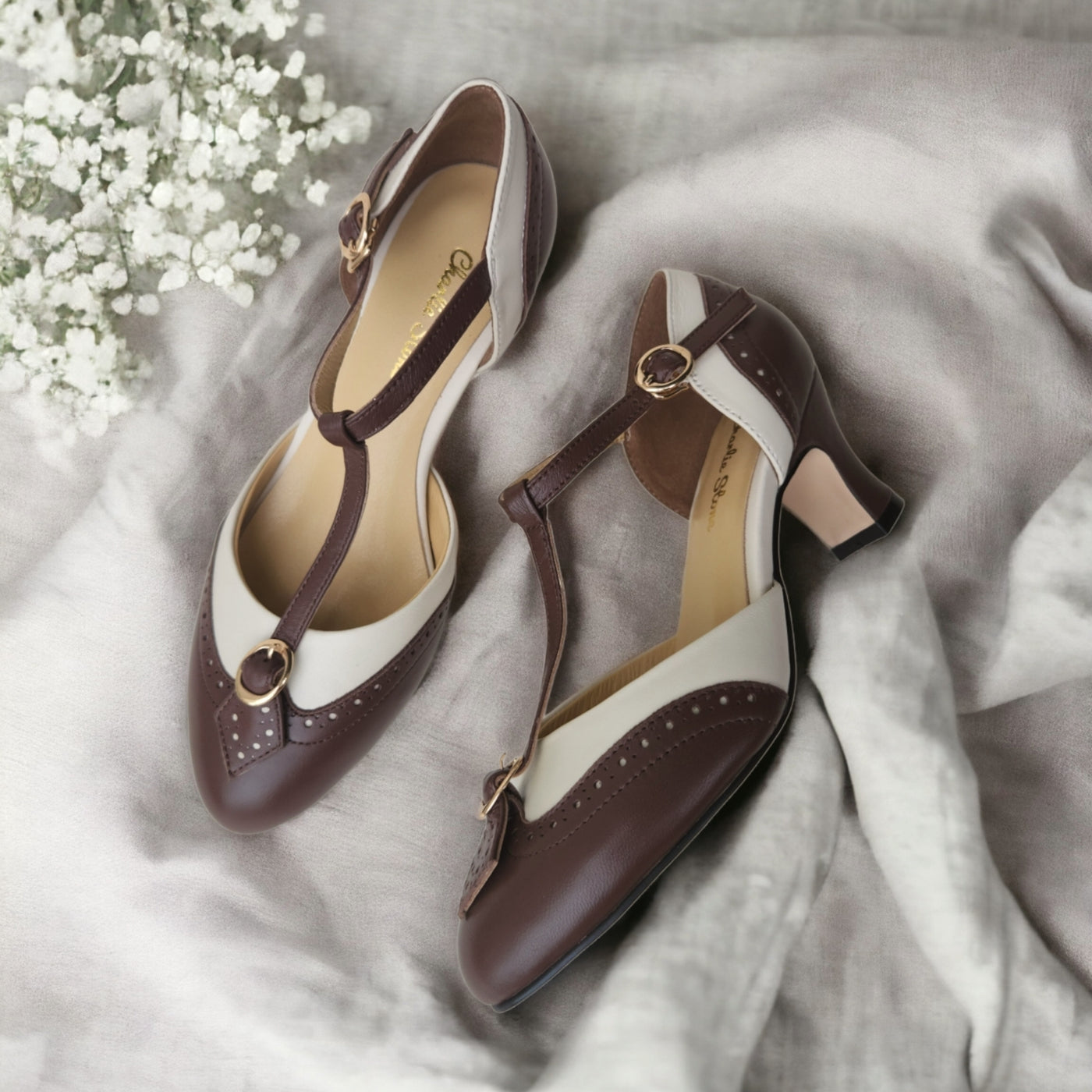 Charlie Stone Shoes vintage inspired 1920s wingtip oxford heels Luxe Parisienne Espresso Beige
