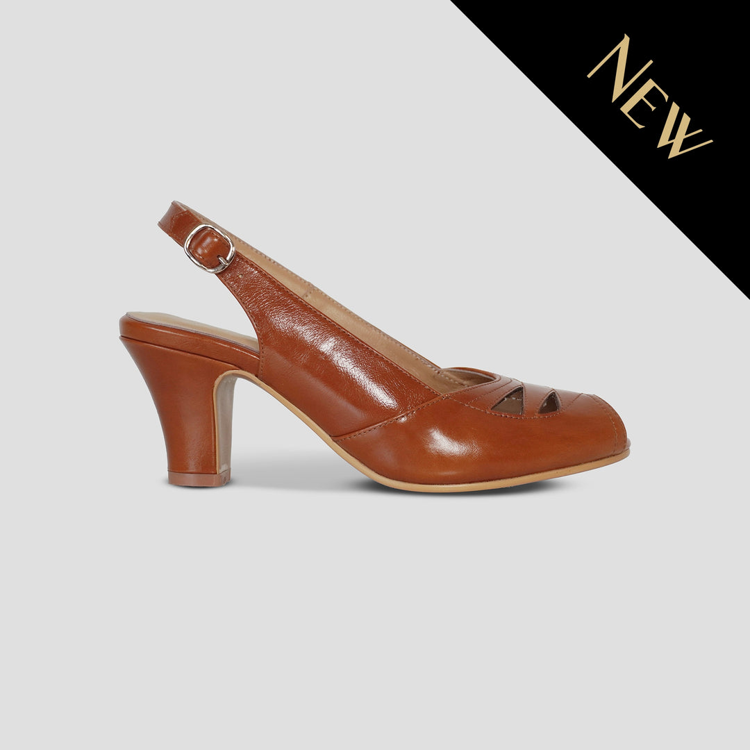 Charlie Stone Shoes women's vintage slingback elegant ladies peeptoe toe heels inspired by 1950's premium shined oiled leather noisette tan brown