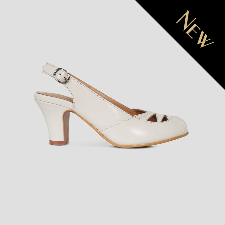 Charlie Stone Shoes women's vintage slingback elegant ladies peeptoe toe heels inspired by 1950's premium shined oiled leather vintage white neutral