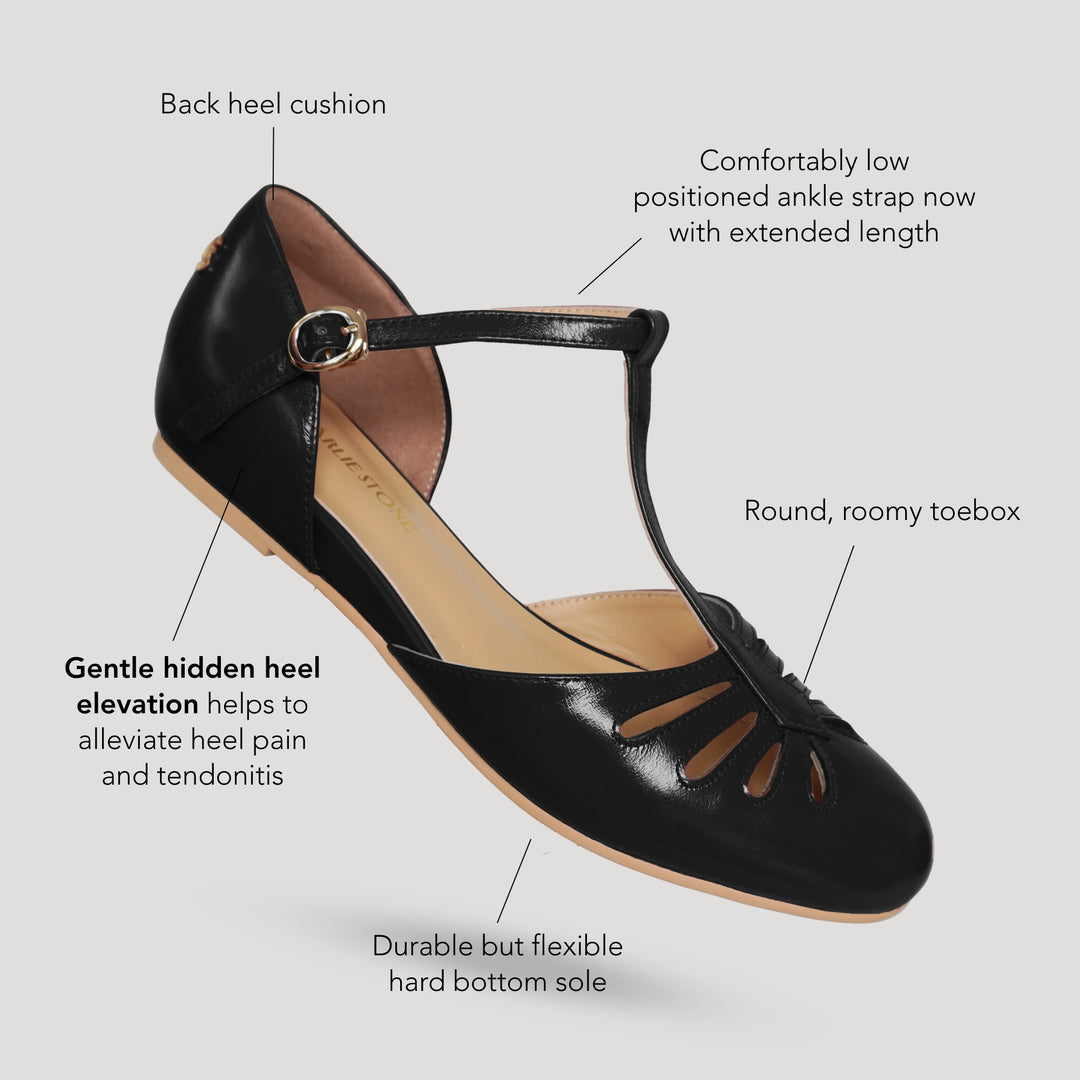 Charlie Stone Shoes women's vintage flats black shined oiled leather dress shoes with hidden wedge to alleviate heel pain