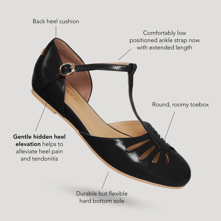 Charlie Stone Shoes women's vintage flats black shined oiled leather dress shoes with hidden wedge to alleviate heel pain