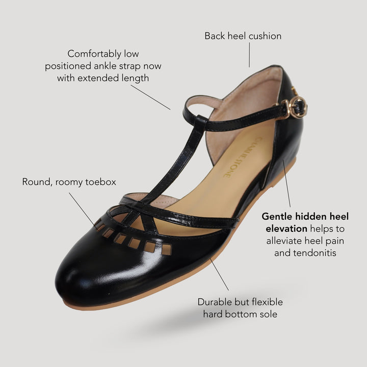 Charlie Stone Shoes Valentina black flats classic vintage style ladies shoes in leather with mary jane ankle strap and T bar old money aesthetic