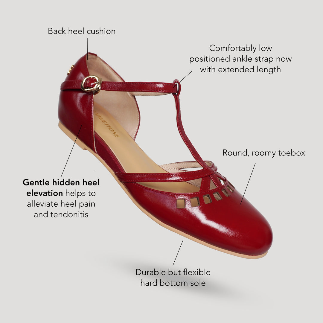 Charlie Stone Shoes women's flat shoes Valentina Red Crimson premium shined oiled leather ladies dress shoes with hidden wedge to help alleviate heel pain T bar mary jane