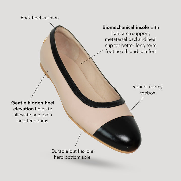Charlie Stone Shoes Kensington british european elegant vintage style ladies flats chanel style black and nude leather with biomechanical insole for better foot health helps foot pain 