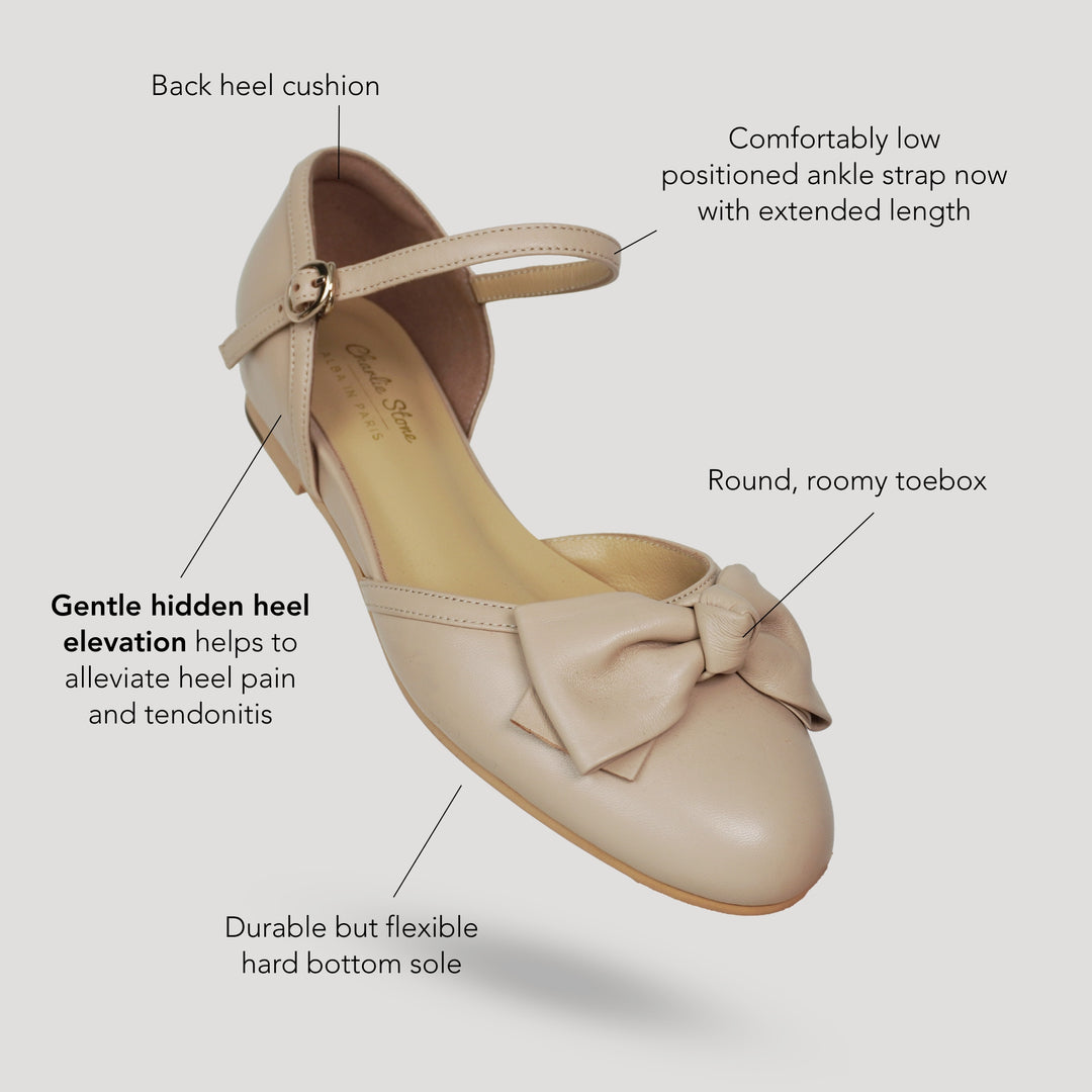 Charlie Stone Shoes vintage flats designed by Alba in Paris with oversized bow nude leather 