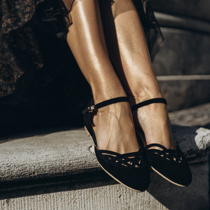 Charlie Stone Shoes dark academia shoes vintage flats with wedge for heel pain and tendonitis black suede 