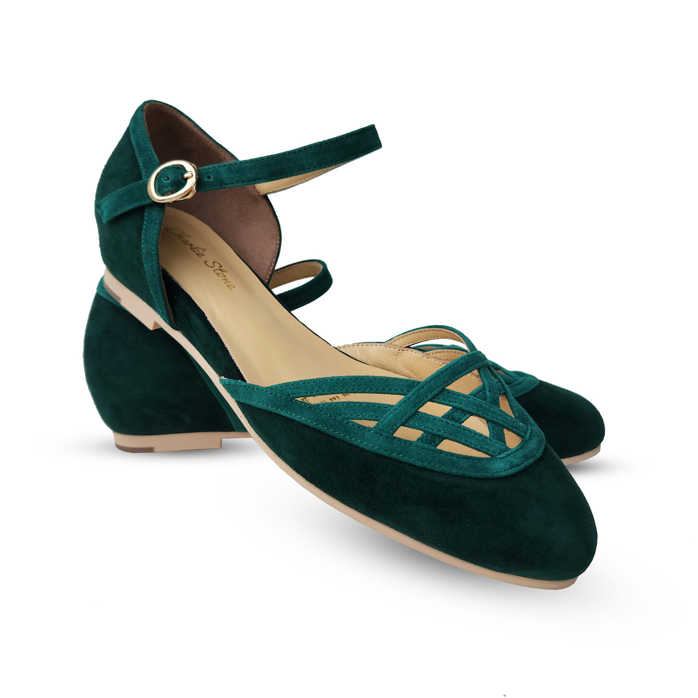 Charlie Stone Shoes vintage inspired 1920-50's dark academia aesthetic women's flats Serpente emerald with hidden wedge suede leather