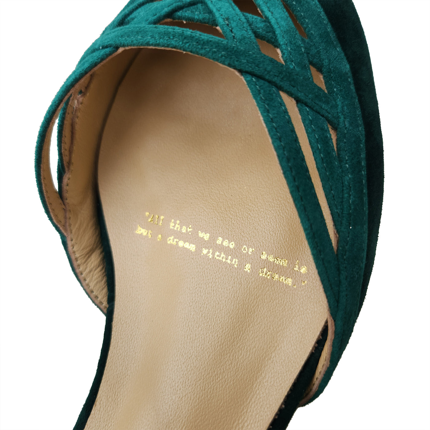Charlie Stone Shoes vintage inspired 1920-50's dark academia aesthetic women's flats Serpente emerald with hidden wedge suede leather