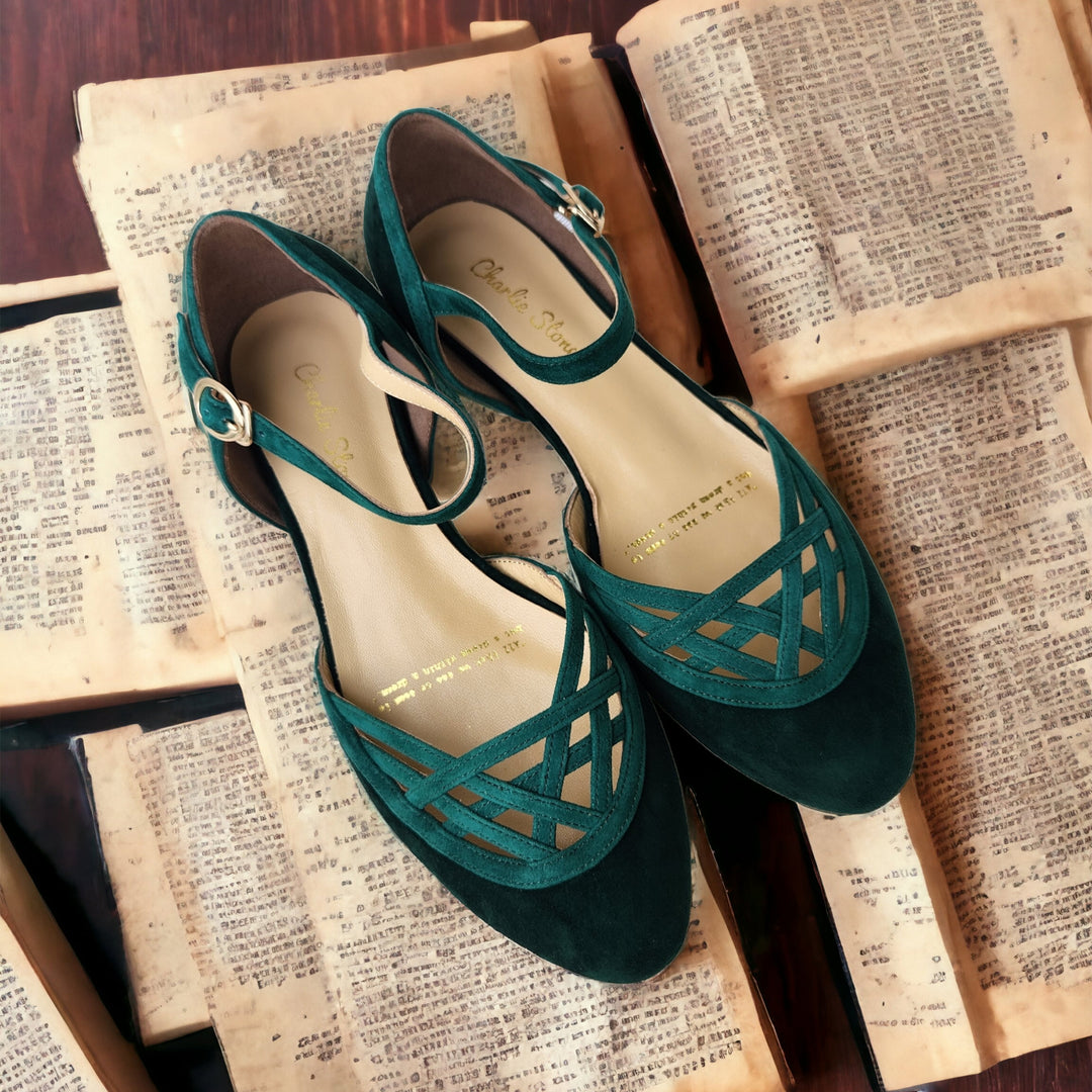 Charlie Stone Shoes vintage inspired 1920-50's dark academia aesthetic women's flats Serpente emerald with hidden wedge suede leather