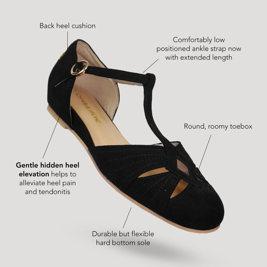 Charlie Stone Shoes elegant vintage inspired 1930's flats ladies shoes black suede leather womens sandals with heel elevation to help alleviate heel pain and discomfort