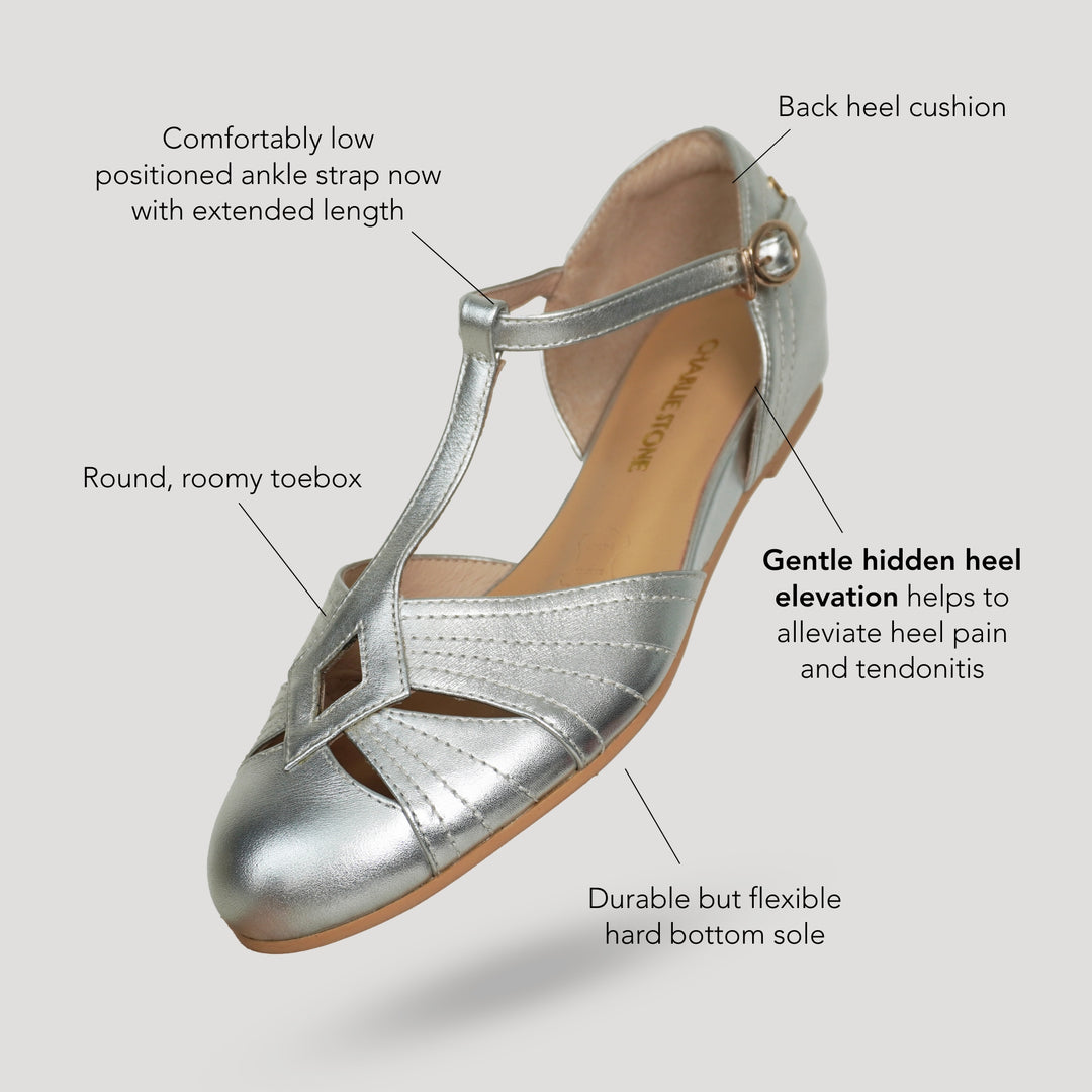 Charlie Stone Shoes London elegant vintage inspired 1930's flats ladies shoes silver leather womens sandals with heel elevation to help alleviate heel pain and discomfort