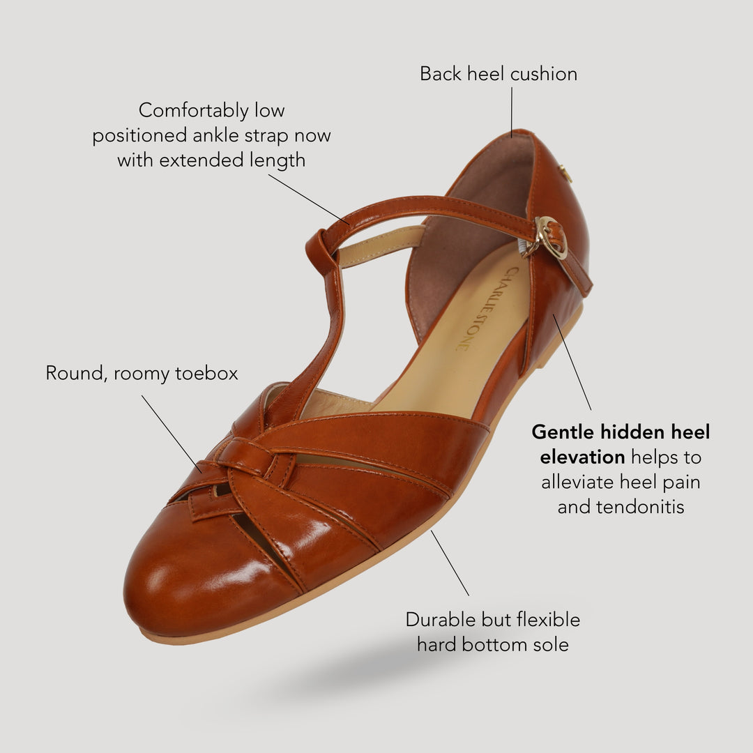Charlie Stone Shoes women's vintage flats tan brown shined oiled leather dress shoes with hidden wedge to alleviate heel pain Montpellier Oak