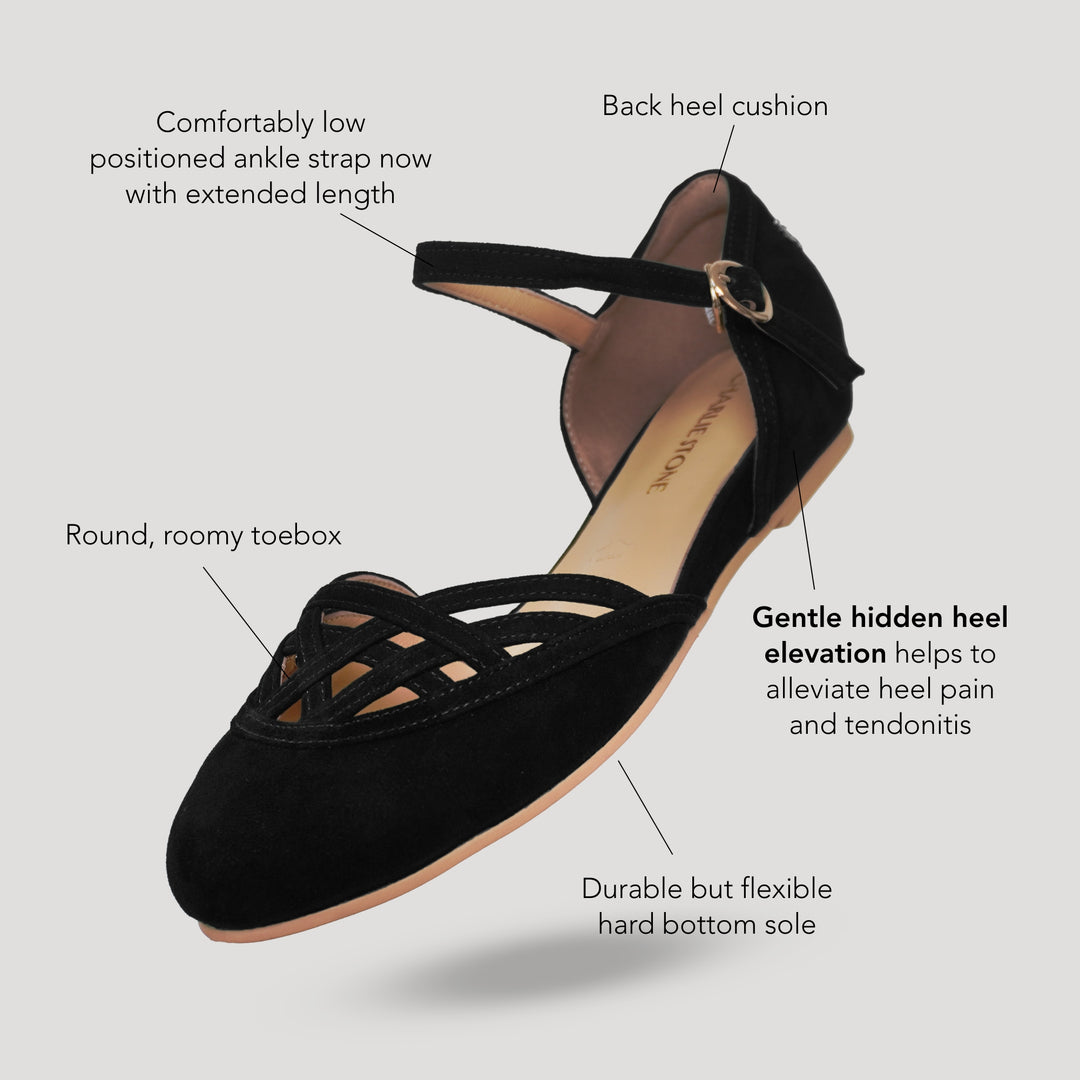 Charlie Stone Shoes dark academia shoes vintage flats with wedge for heel pain and tendonitis black suede 