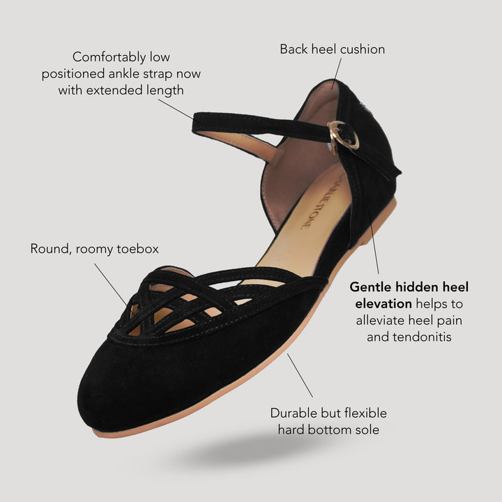 Charlie Stone Shoes dark academia shoes vintage flats with wedge for heel pain and tendonitis black suede 