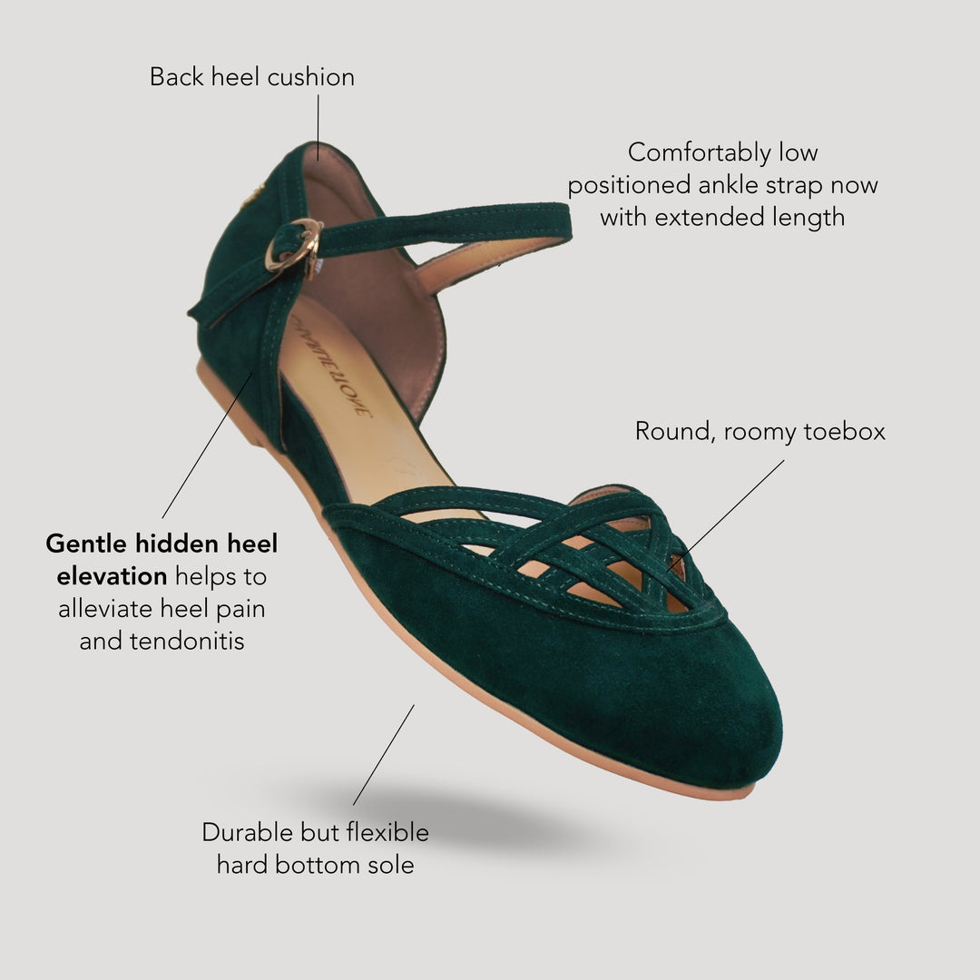 Charlie Stone Shoes vintage inspired 1920-50's dark academia aesthetic women's flats Serpente dark green forest with hidden wedge suede leather