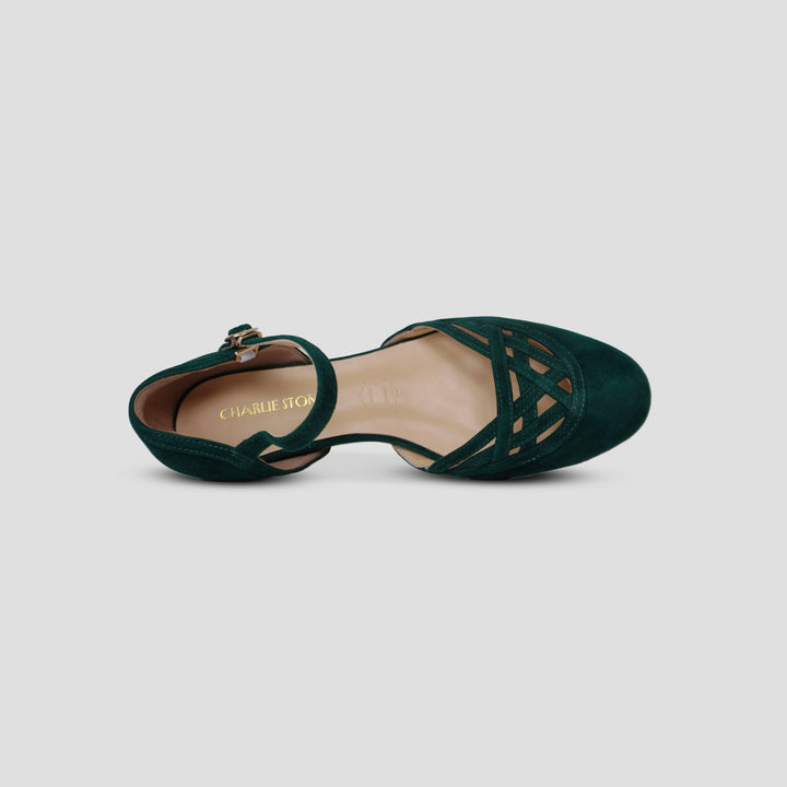 Charlie Stone Shoes vintage inspired 1920-50's dark academia aesthetic women's flats Serpente dark green forest with hidden wedge suede leather