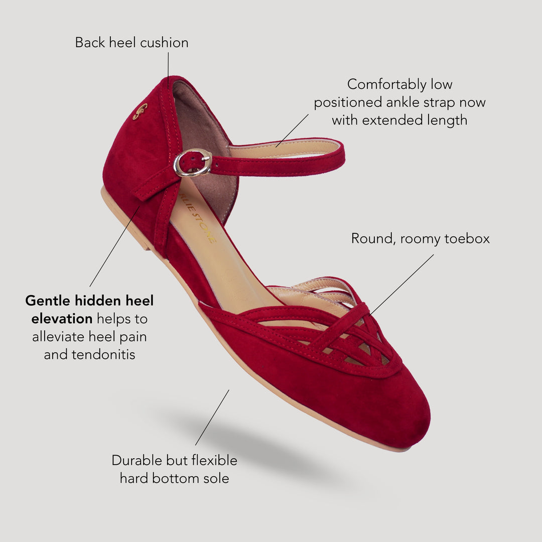 Charlie Stone Shoes vintage inspired 1920-50's dark academia aesthetic women's flats Serpente Scarlet Red with hidden wedge suede leather