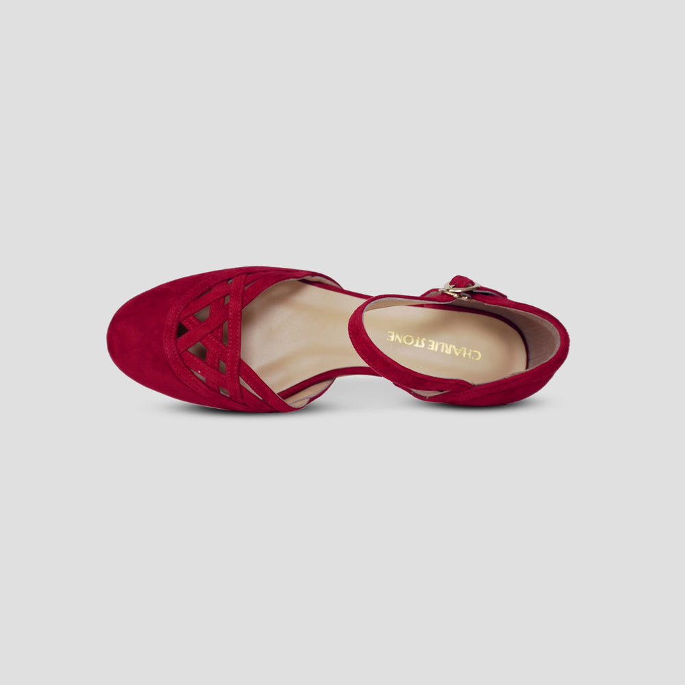 Charlie Stone Shoes vintage inspired 1920-50's dark academia aesthetic women's flats Serpente Scarlet Red with hidden wedge suede leather