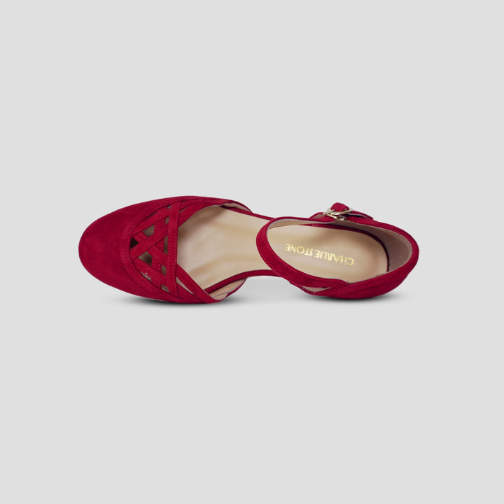 Charlie Stone Shoes vintage inspired 1920-50's dark academia aesthetic women's flats Serpente Scarlet Red with hidden wedge suede leather