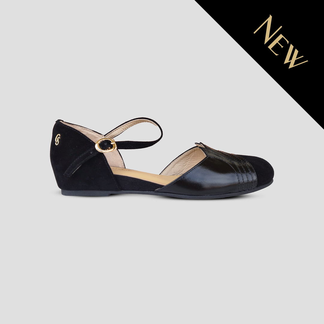 Charlie Stone Shoes New York elegant vintage inspired 1930's flats ladies shoes black suede leather womens sandals with heel elevation to help alleviate heel pain and discomfort