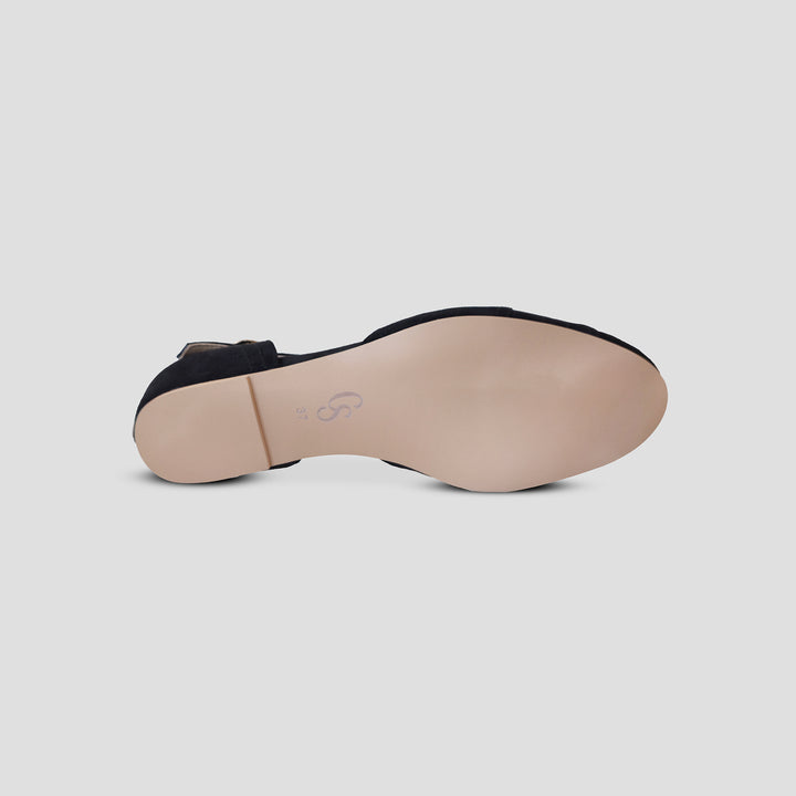 Charlie Stone Shoes elegant vintage inspired 1930's flats ladies shoes black suede leather womens sandals with heel elevation to help alleviate heel pain and discomfort