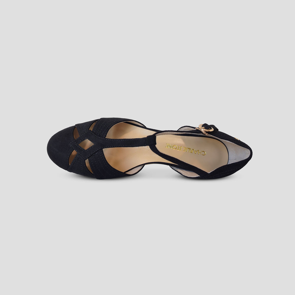 Charlie Stone Shoes elegant vintage inspired 1930's flats ladies shoes black suede leather womens sandals with heel elevation to help alleviate heel pain and discomfort