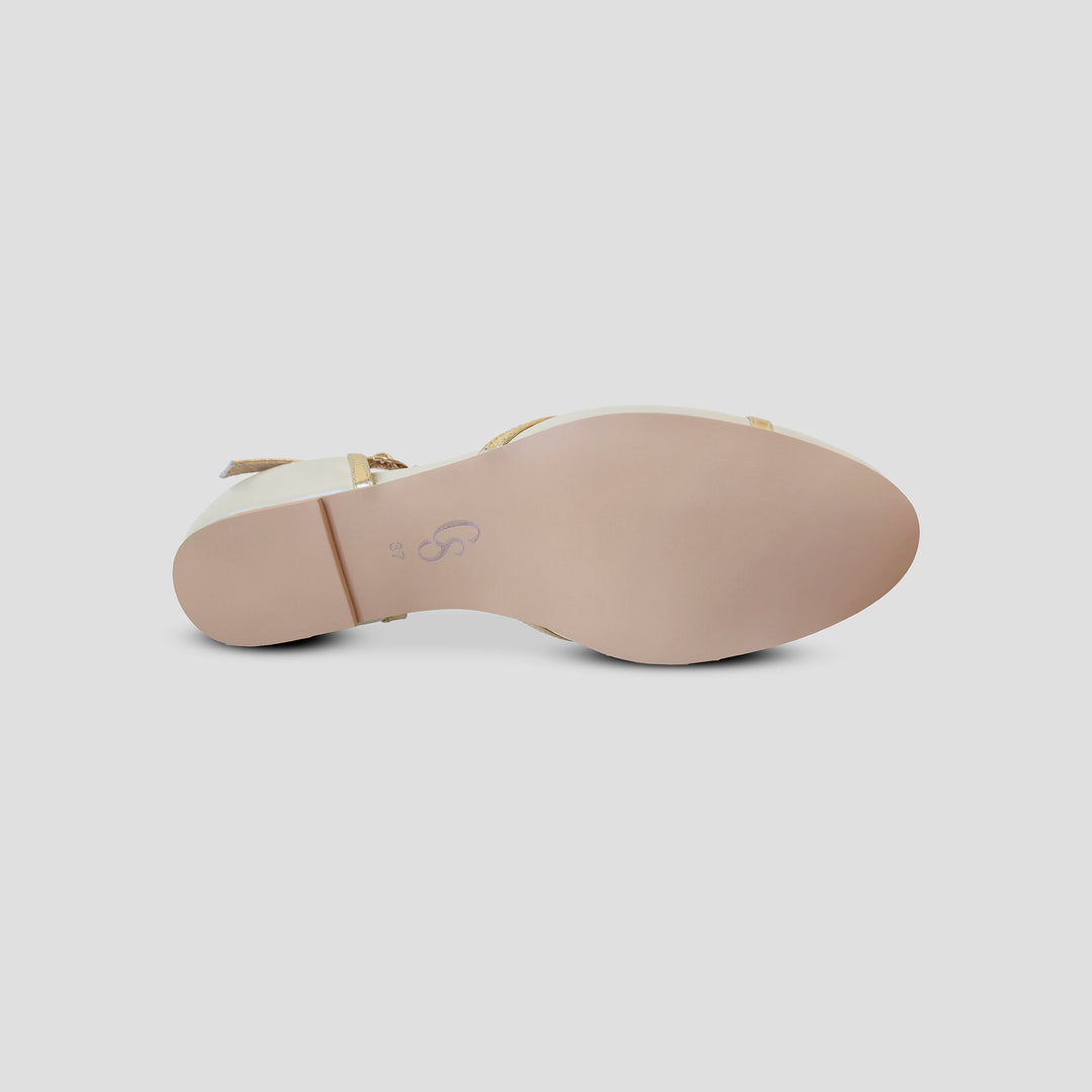 Charlie Stone Shoes Budapest elegant vintage inspired 1930's flats ladies shoes cream and gold leather womens sandals with heel elevation to help alleviate heel pain and discomfort