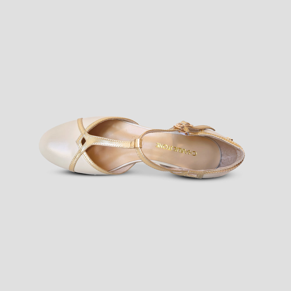Charlie Stone Shoes Budapest elegant vintage inspired 1930's flats ladies shoes cream and gold leather womens sandals with heel elevation to help alleviate heel pain and discomfort