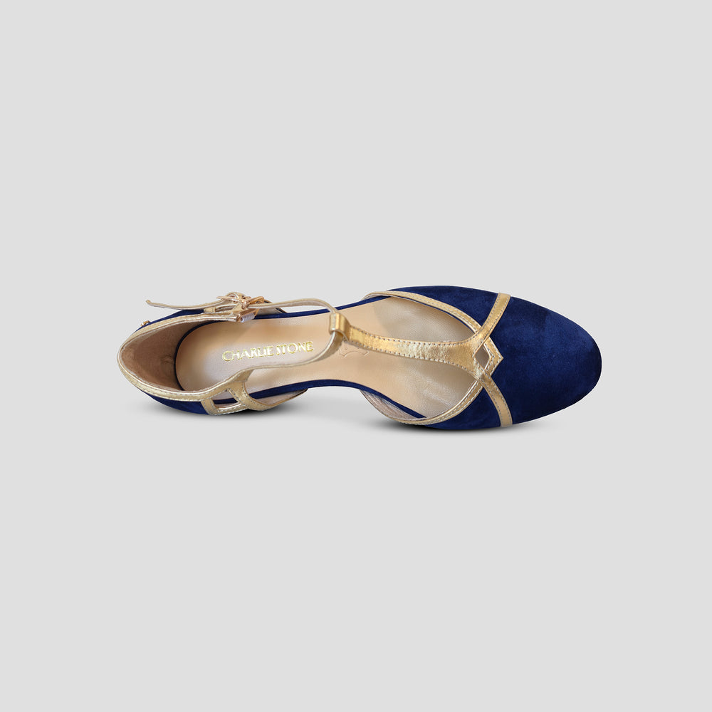Charlie Stone Shoes Budapest elegant vintage inspired 1930's flats ladies shoes navy suede and gold leather womens sandals with heel elevation to help alleviate heel pain and discomfort